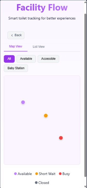 Facility Flow attendee map interface with availability and accessibility filters