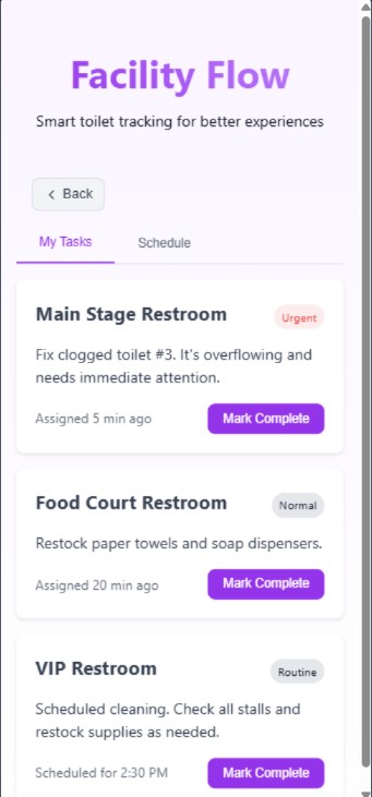 Facility Flow cleaner interface listing assigned tasks by urgency