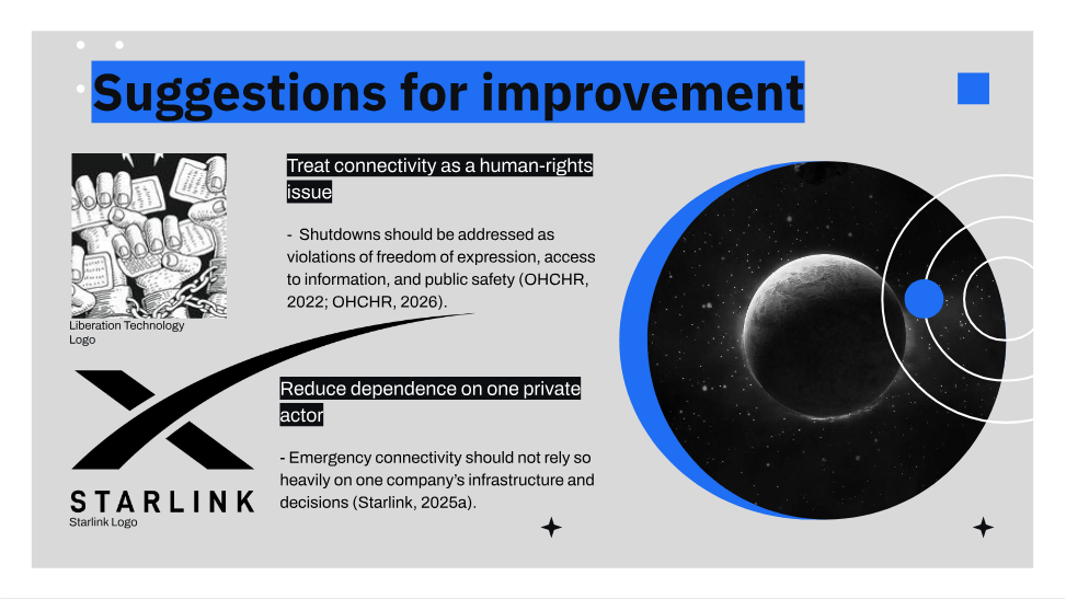 Presentation slide recommending a rights-based view of connectivity and reduced dependence on one private actor