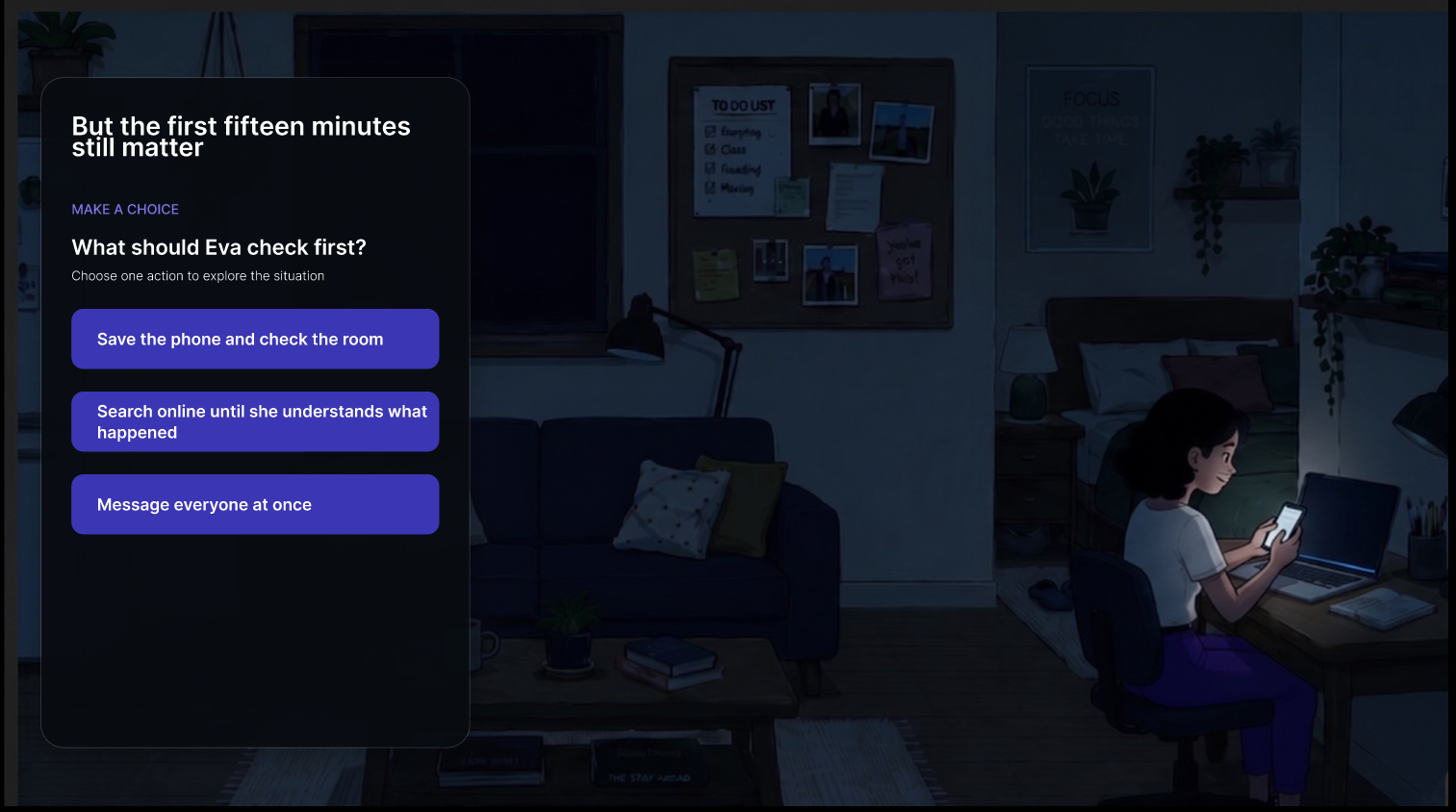 Full interactive story screen asking what Eva should check first during the power outage